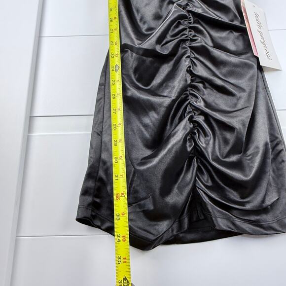 Emerald Sundae Black Ruched Satin Size M -Mini Dress Criss-Cross Back NWT - Picture 9 of 11